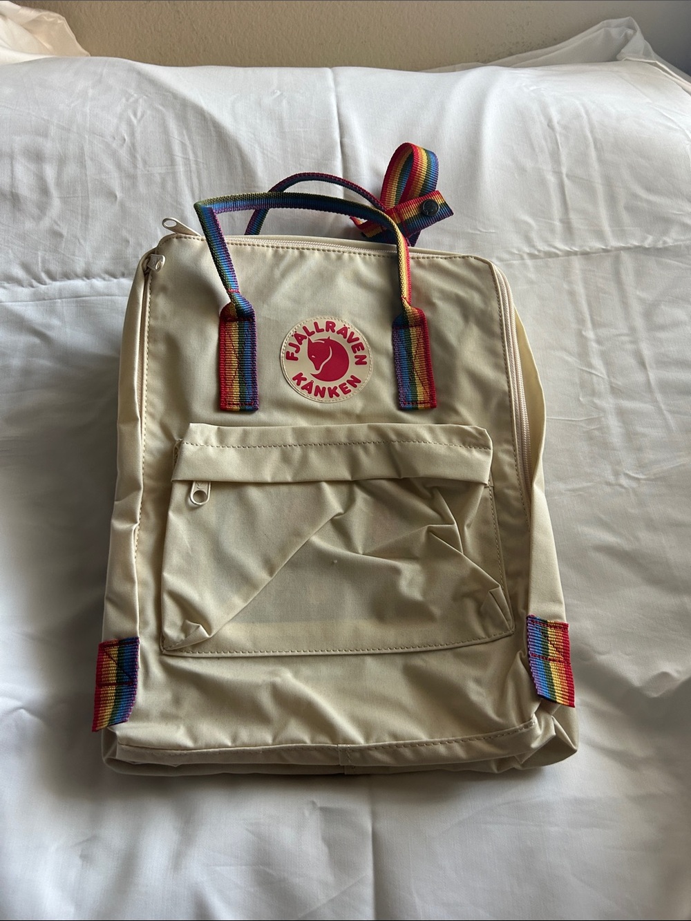 Fjallraven Kånken Cream Backpack with Rainbow Straps